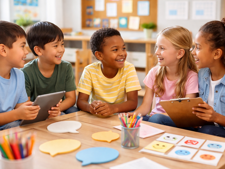 Five diverse elementary students sit together at a classroom table, smiling and talking as they use tools like a tablet, clipboard, and emotion cards to practice social communication skills.