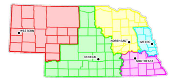 Nebraska Map with Regions Indicated